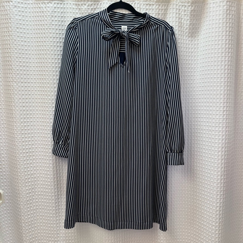 GAP 🐱 Bow Striped Shift Dress Navy White Parisian Preppy Office Siren M
